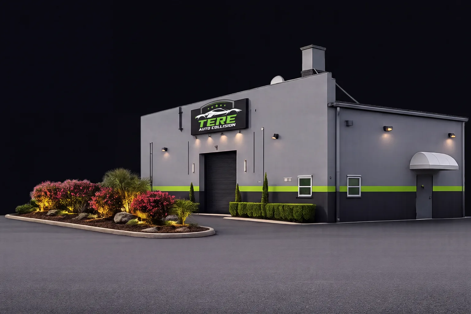 Tere Auto Collision's shop in Pompano Beach, the lime-green TERE sign lit at the entrance