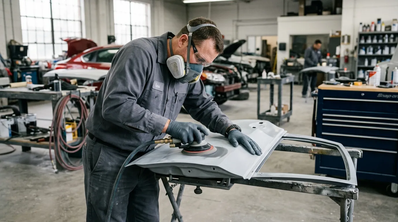 Technician carefully refinishing a car body panel